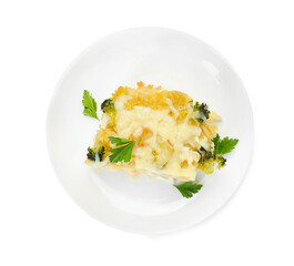 Tasty pasta casserole with cheese and broccoli isolated on white, top view