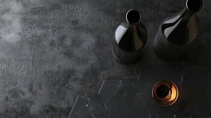 Elegant dark still life with black vases and golden drink