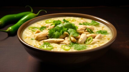 Creamy White Bean Chicken Chili in a Bowl with Spicy Chicken, Cilantro, and Celery