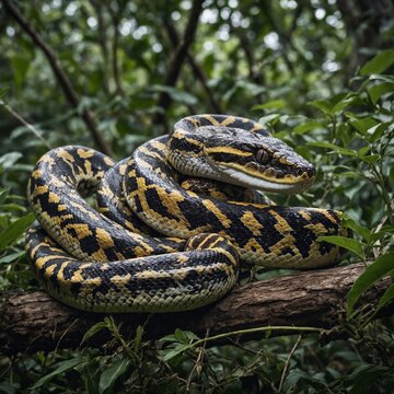 Carpet Python snake An Amazon boa constrictor coiled around a tree, surrounded by a peaceful blue and white ambiance. Crawling snake.