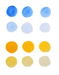 Painted watercolor samples on white background, top view