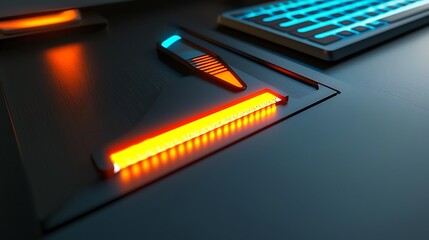 Futuristic control panel with glowing elements, modern workspace, vibrant technology setup