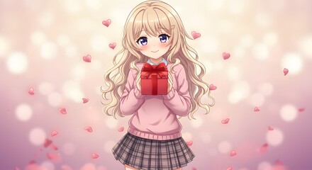 Fototapeta premium An anime girl with long blonde hair and purple eyes is holding a red gift, set against a background with hearts and falling petals. The image evokes a sweet and cheerful atmosphere.