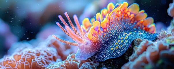 World wildlife day with conservation and marine concept. Vibrant nudibranch on colorful coral reef.