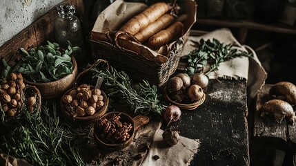 Rustic kitchen with fresh organic produce
