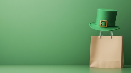 Minimalistic still life with craft paper shopping bag mockup with green hat symbol of St. Patrick's Day on green background with space for text.