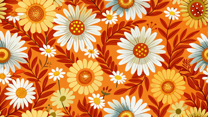 a painting of daisies on an orange background with white and yellow petals and green leaves.