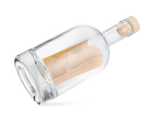 Corked glass bottle with rolled letter in air isolated on white