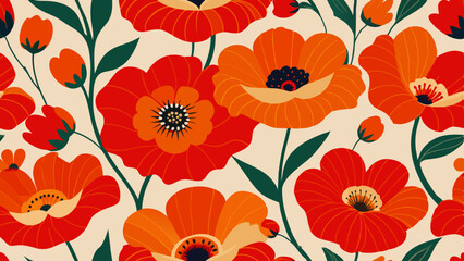 Generative ai. a seamless pattern of red poppies on a beige background. The flowers and leaves are vibrant and detailed, creating a beautiful and eye-catching design