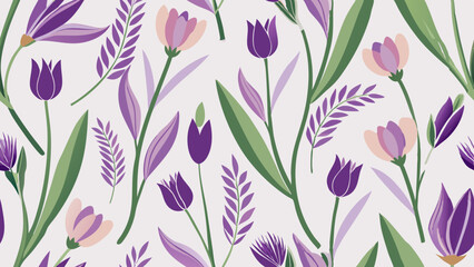 Generative ai. a seamless pattern of purple crocuses on a white background. The flowers and leaves are painted in a vibrant purple hue, creating a beautiful and eye-catching design