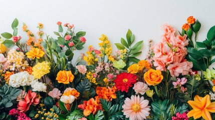 A bright and colorful arrangement of flowers and plants against a light-colored backdrop.