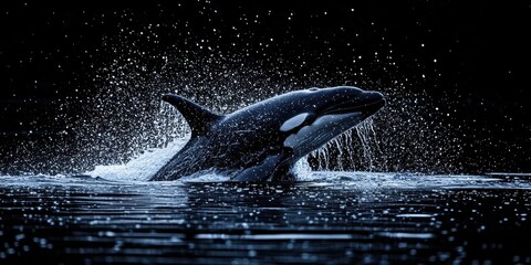 Obraz premium World wildlife day with conservation and marine concept. Orca breaching in dark waters with splashes of water droplets.