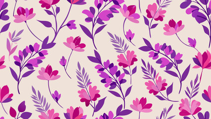 Generative ai. a seamless pattern of pink and purple flowers on a white background. The flowers are arranged in a repeating pattern, creating a beautiful and eye-catching design