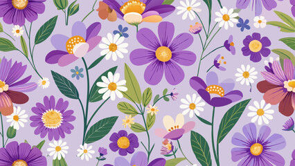 Generative ai. a seamless pattern of purple and white daisies on a purple background. The flowers are painted in a variety of colors, including purple, white, and yellow, and the leaves are a deep gre