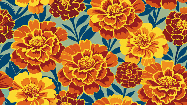 Generative ai. a painting of marigold flowers on a blue background. The flowers are vibrant and colorful, with a variety of shapes and sizes