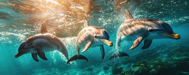 Obraz premium World wildlife day with conservation and marine concept. Dolphins swimming gracefully in clear blue water.