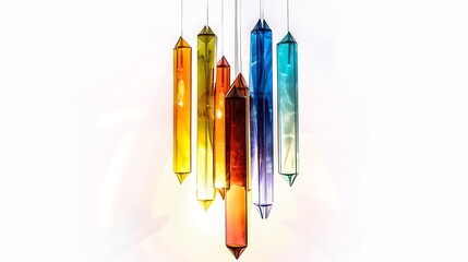A multicolored energy chime with dynamic shapes and glowing tips, hanging against a white backdrop.