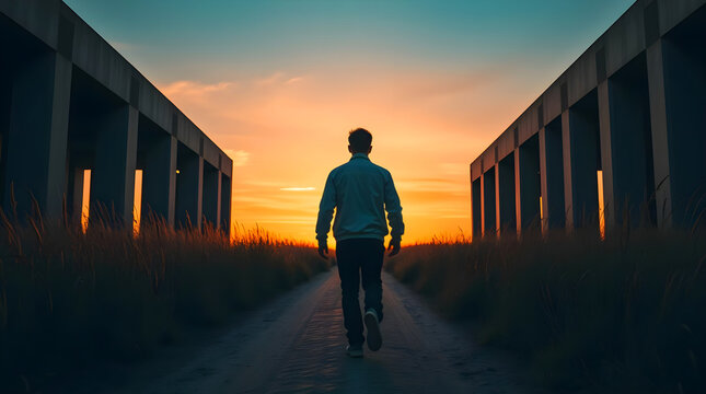 Stunning sunset silhouette of a person walking through a corridor of architectural structures with vibrant sky hues