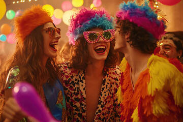 Obraz premium Three friends share a moment of joyful laughter at a vibrant party filled with colorful decorations.