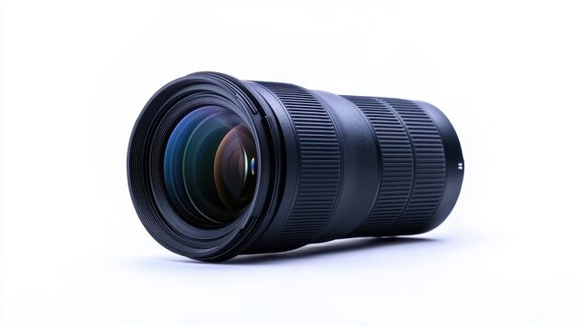 High-quality isolated shot of a professional camera lens on a white background. Perfect for tech or photography product promotions.
