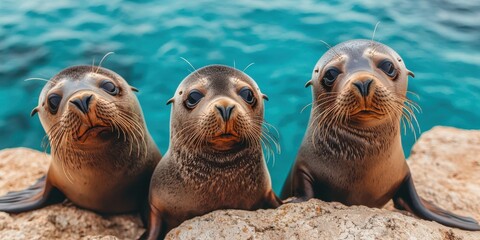 World wildlife day with conservation and marine concept. Three seals posing by the water's edge.