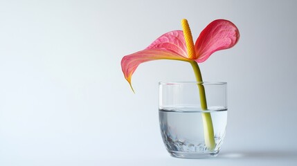 Minimalistic shot of a single vibrant flower in a glass vase on a white background. Suitable for promoting wellness, interior decor, or floral services.