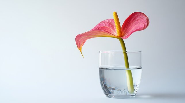 Minimalistic shot of a single vibrant flower in a glass vase on a white background. Suitable for promoting wellness, interior decor, or floral services.