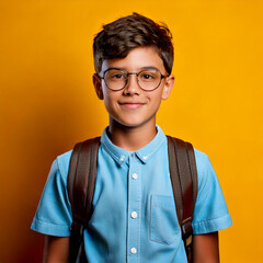 Pequeño estudiante sonriente listo para aprender. retrato de un niño con gafas y mochila en fondo amarillo. volviendo al colegio