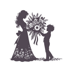 Mother's Day Silhouette: Child Presenting Flowers to Mom