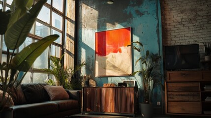Cozy sunlit loft with modern furniture and greenery