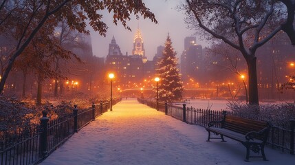 Gentle snowfall over a quiet park