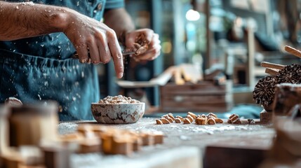 Obraz premium Baker's hands preparing fresh dough in a rustic kitchen