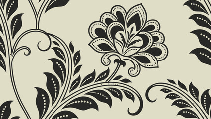 Generative ai. a black and white floral pattern on a beige background. The pattern is intricate and detailed, with a variety of shapes and colors that create a beautiful and eye-catching design
