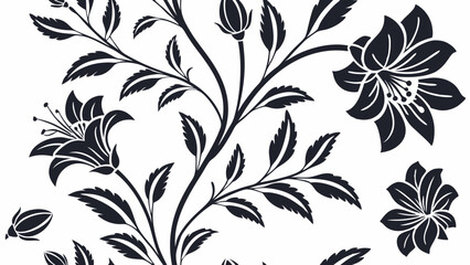 Generative ai. a black and white floral pattern on a white background. The pattern consists of various flowers and leaves, creating a beautiful and intricate design