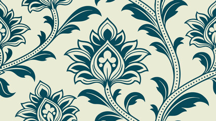 Generative ai. a blue and white damask wallpaper with a floral pattern. The pattern is intricate and detailed, with a variety of shapes and colors that create a beautiful and eye-catching design