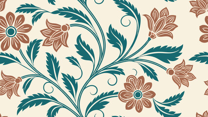 Generative ai. a beige and blue floral pattern on a white background. The pattern consists of a variety of flowers and leaves in shades of beige, blue, and brown