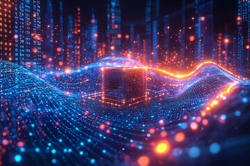 A glowing wireframe illustration of a quantum computer processor surrounded by an intricate network of glowing circuits and dynamic energy waves, symbolizing advanced computing 