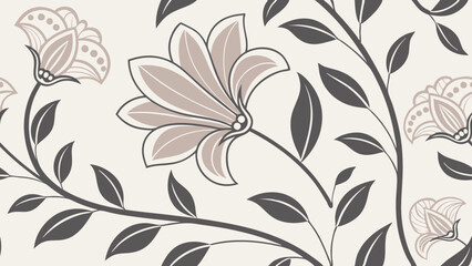 Generative ai. a beige and black floral pattern on a white background. The pattern consists of various flowers and leaves in shades of beige, black, and white