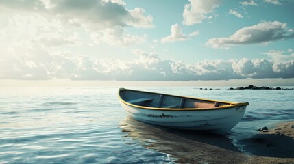 Naklejka premium Serene seascape with a small wooden boat on calm waters