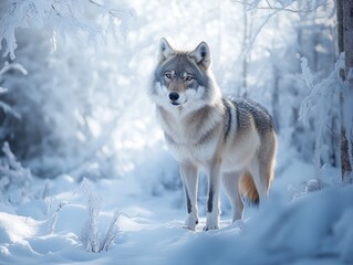 Naklejka premium A wolf walking through a snowy forest on a winter day.