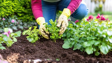 Fototapeta premium Hands placing a seedling of a young tree into fertile ground outdoors