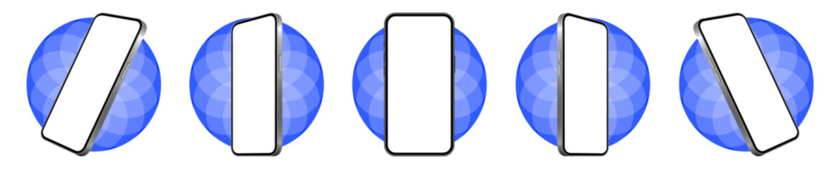 Mockup of a phone screen. Social media promotion. Advertising on a smartphone display. Device front view. 3D mobile phone. Cell phone. Blue rounds with cutting pattern