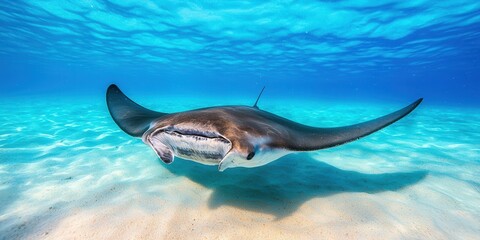 Obraz premium World wildlife day with conservation and marine concept. Underwater manta ray gliding gracefully across sandy ocean floor.