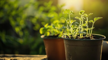 Green potted plants growing in warm sunlight