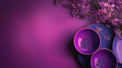 Purple spa and relaxation scene with candles and flowers