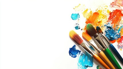 Obraz premium Isolated image of a colorful art palette with paintbrushes on a clean white background. Perfect for promoting art supplies or creative services.