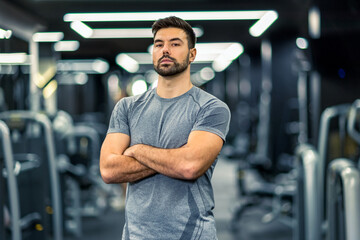 Muscular fitness man standing with his arms crossed in the gym.