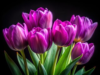 Lilac Tulips on Black Background - Candid Photography AI Art