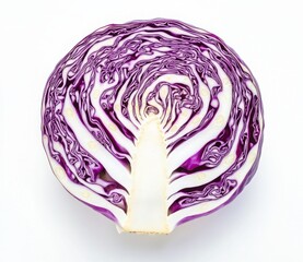 Red Cabbage Cross Section: A vibrant cross-section of a red cabbage reveals its intricate, swirling pattern of deep purple and white layers, a captivating study in texture and color. 