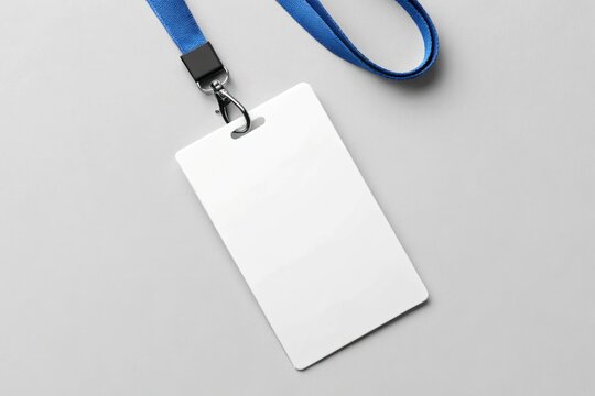 White blank ID badge with blue lanyard on a clean gray surface